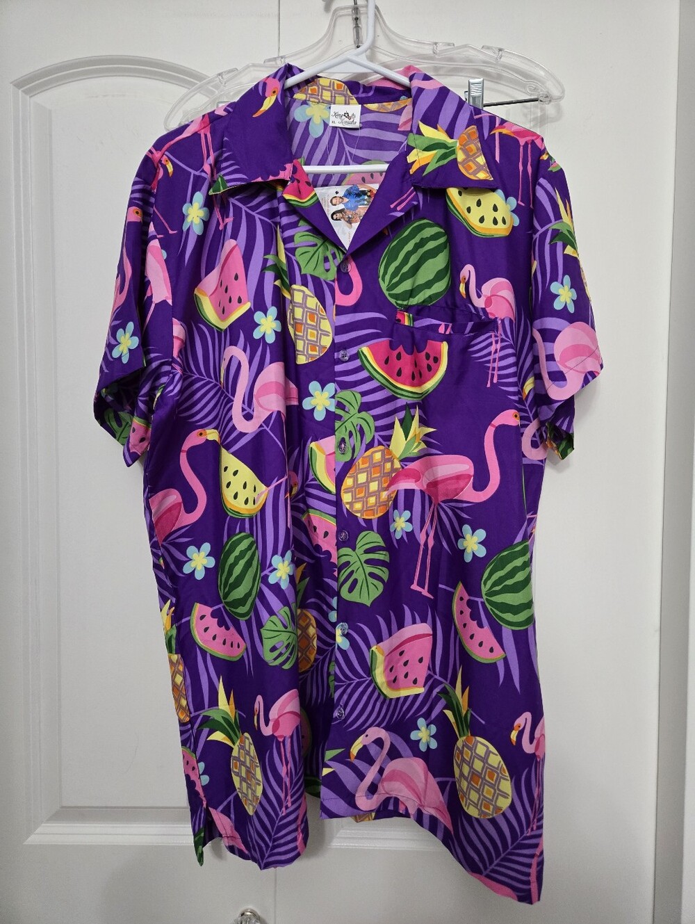 King Kamcha Nwt Men's Tropical Flamingo & Fruit Hawaiian Shirt - Purple